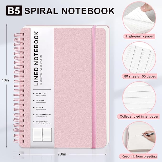 Lined Spiral Journal Notebook, B5 Hardcover Leather Notebook for Work, 7.8''×10'', 100GSM Thick Paper Spiral Bound Journaling Notebooks for Women & Men Office School Note Taking Business, Pink