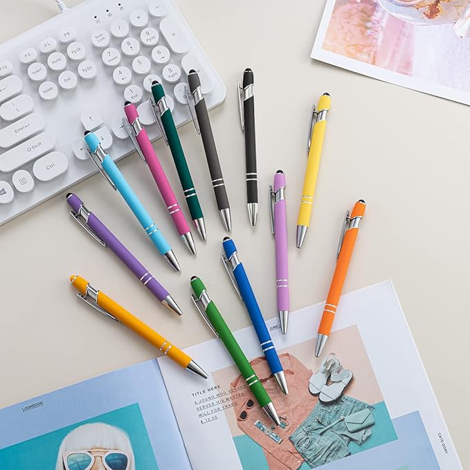 PASISIBICK 12 Pieces Ballpoint Pen with Stylus Tip, Metal, 2 in 1 Stylus Ballpoint Pen 1.0 mm Black Ink (Pack of 12) for Smartphone, Tablet