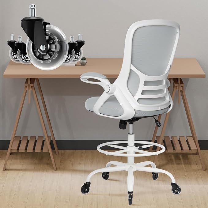 HYLONE Drafting Chair Tall Office, Ergonomic Standing Desk Stool Adjustable Drafting Chair Big Tall Drafting Office Chair White