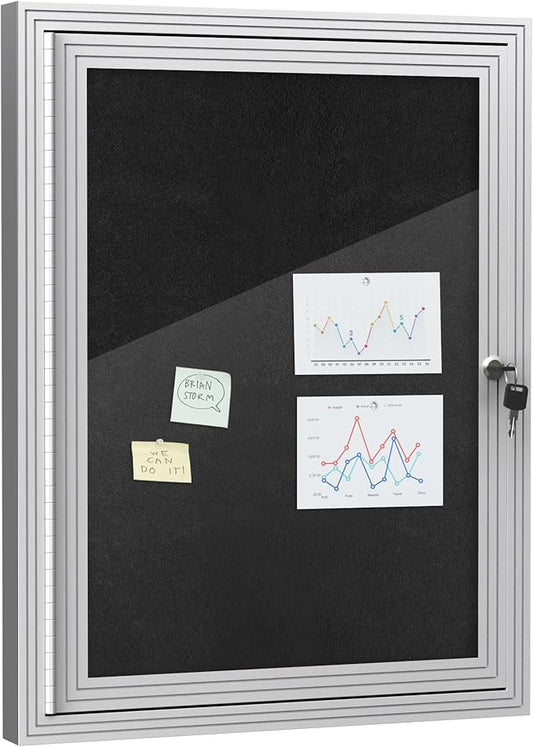 26"x20" Enclosed Bulletin Board, Outdoor Lockable Weather-Resistant Aluminum Cork Noticeboard for School & Office, Silver Frame w/Black Flet