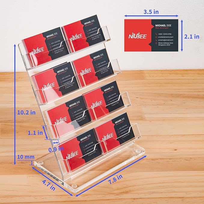 NIUBEE Acrylic Business Card Holder for Desk 4 Tier Clear Business Card Stand, Business Card Display for Office Exhibition, 520 Cards Capacity, 8 Slots