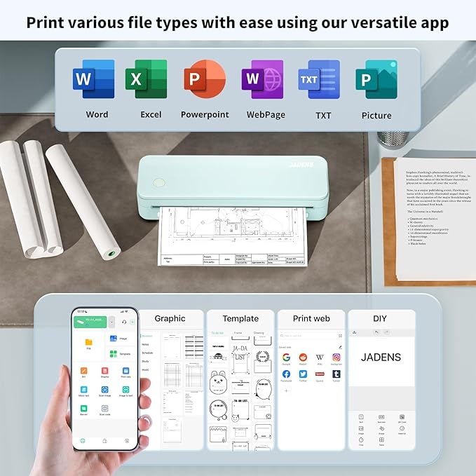 JADENS Portable Printers Wireless for Travel, Thermal Inkless Printer, Support 8.5" X 11" Thermal Paper(Green)