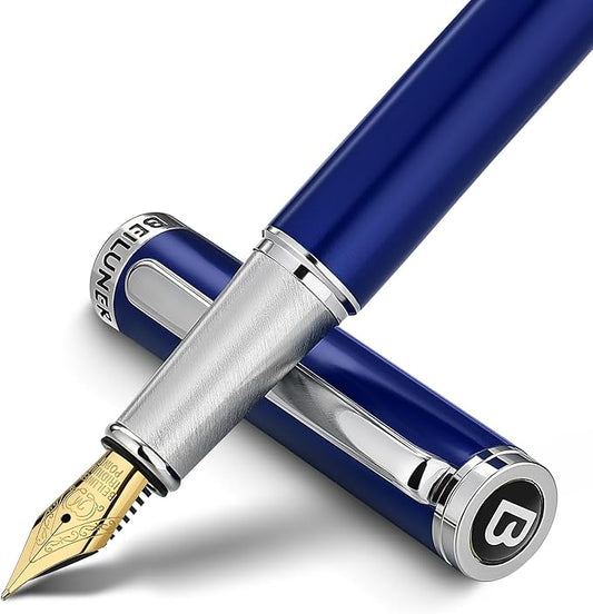 BEILUNER Luxury Fountain Pen Set,Solid 24K Gilded Medium Nib, Modern Classic Limited Edition -Includes 6 Ink Cartridges&Ink Refill Converter with Gift Case-Perfect for Men and Women（Charming blue）