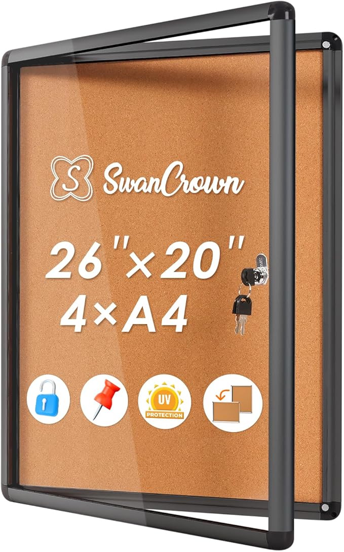 SWANCROWN Lockable Bulletin Board Notice Pin Cork Boards Tamper Proof Message Board for Photos Memos,26x20inch (4xA4)