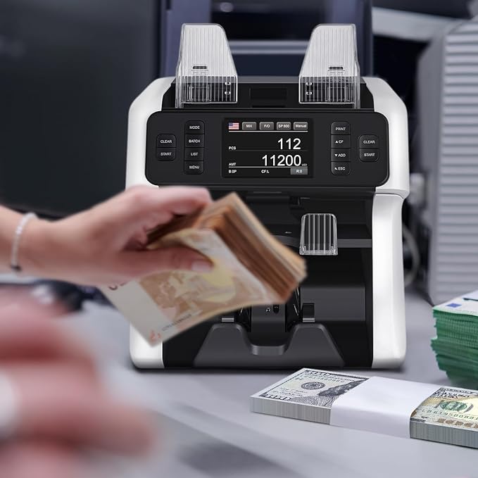 NUCOUN VS-75 Bill Counter Machine Mixed Denomination,Money Counter Machine with Reject Pocket,Counterfeit Detection 2 CIS/UV/MG/IR,Multi Currency Bill Sorter,Value Count,Serial Number Read,Print&Sort