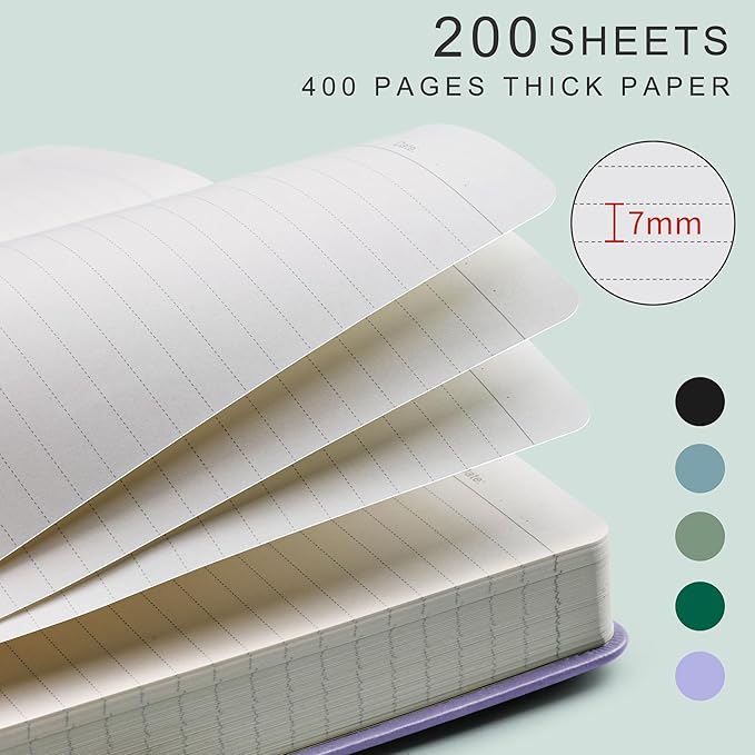 EMSHOI A5 College Ruled Notebook Journal- 400 Pages (200 sheets), 7mm Spacing & Vegan Leather Cover for Work, School, Bible Study, Bullet Journaling- with Sticky Notes, Pocket & Pen Hold- Purple