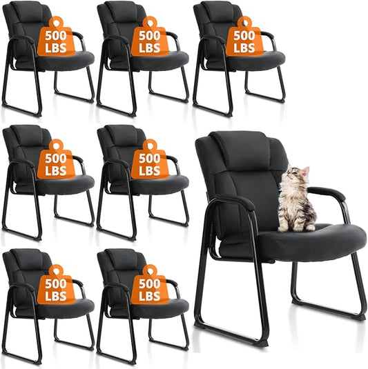 CLATINA Big & Tall 500 lb. Guest Chair, Leather Reception Chairs with Sled Base and Padded Arm Rest for Waiting Room Office Home and Meeting Conference-Black (8 Pack)