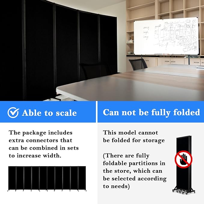 Upgrade Version Room Partition and Divider, Freestanding Rolling Dividers with Wheels,Office Privacy Screen Divider Wall,Classroom Felt Dividers,12'2"L* 6'7"H,6 Panel，Black