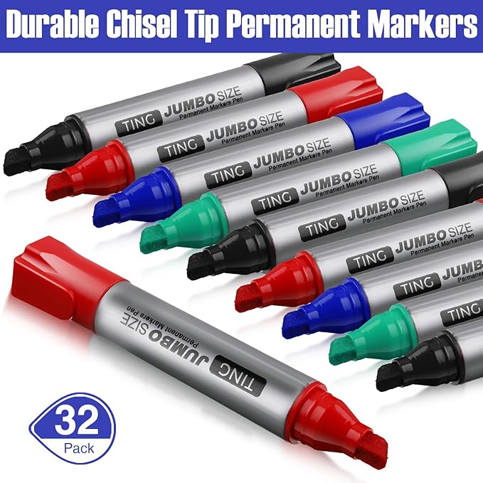 Fuutreo 32 Pcs Jumbo Permanent Markers Bulk Large Chisel Tip Permanent Markers Waterproof Jumbo Pens Quick Drying Office Teacher Supplies(Black, Green, Blue, Red)