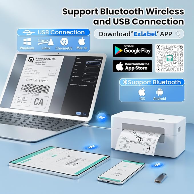 vretti Bluetooth Shipping Label Printer - 4x6 Thermal Printer for Shipping Packages and Small Businesses, Label Printer Supports Android/iPhone/Windows, Compatible with Shopify, Ebay, USPS, Amazon