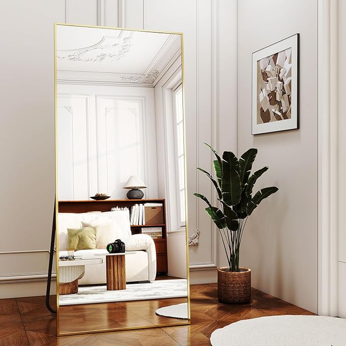 Full-Length Mirror, 24"x68" Floor Mirror with Stand, Wall-Mounted Mirror for Bathroom, Dressing Room - Hanging or Leaning - Full Body Mirrors for Bedroom, Gold