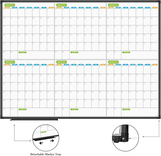 JILoffice Magnetic Dry Erase Calendar Whiteboard, 6 Months White Board Planner 48 X 36 Inch, Black Aluminum Frame Wall Mounted Board for Office Home and School