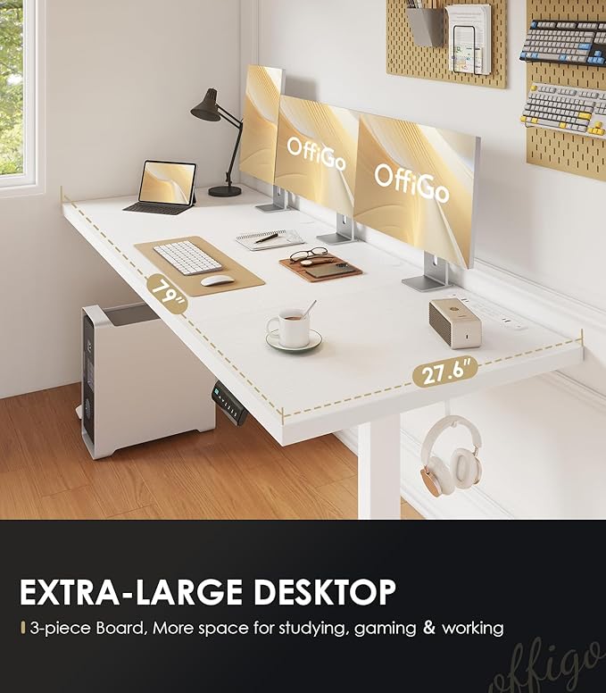 OffiGo Electric Standing Desk with 3-Piece Board, 79 Inch Height Adjustable Large Desk with Power Outlets, Sit Stand Table, Writing Computer Workstation for Home, Office, White
