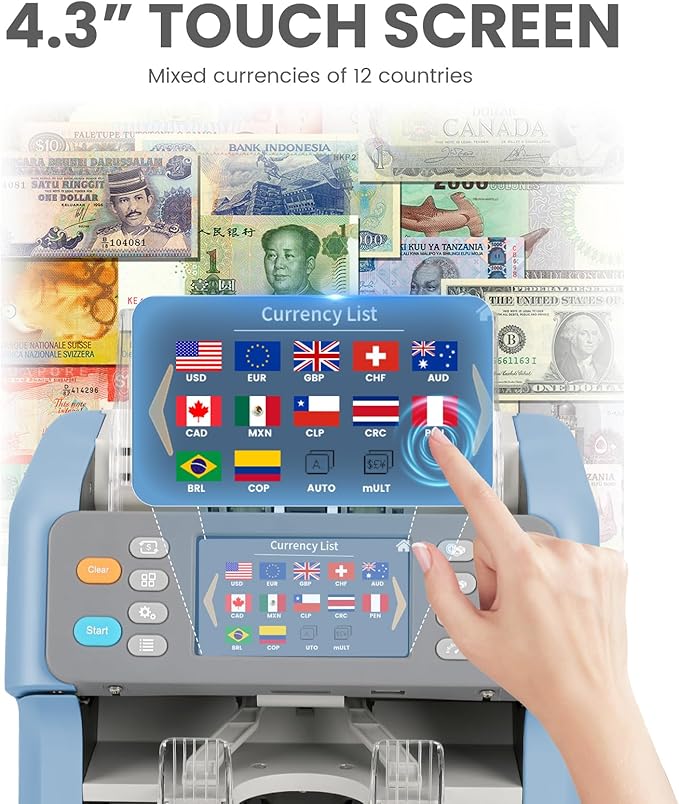 RIBAO MC-165 Two-Pocket Mixed Denomination Money Counter Machine, Value Counting, Blue Bill Counter Multi Currency,2 CIS/UV/MG/IR Counterfeit Detection for Bank, 4.3 inch Large Touch Screen