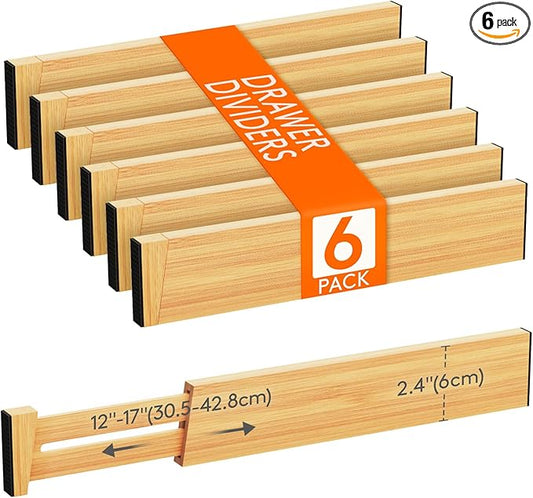 Lifewit 6 Pack Drawer Dividers Bamboo 2.4" High, 12-17" Adjustable Drawer Organizers for Clothes, Wooden Dresser Separators in Bedroom/Bathroom/Kitchen/Fridge/Office Organization and Storage