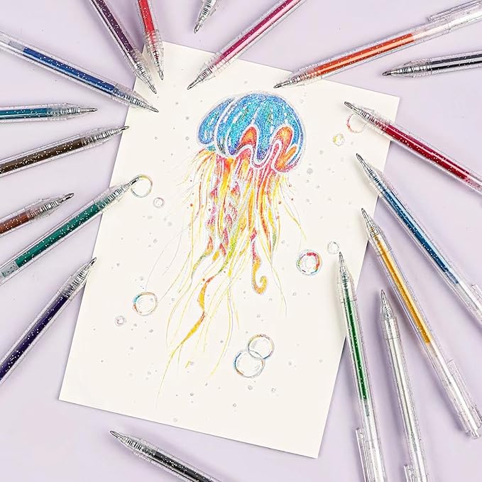 Grabie Glitter Gel Pens 18 Colors, Metallic Vibrant Sparkle Gel Pens for Coloring, Retractable Sparkle Glitter Pens for Adults,Colored Gel Pens for Adult Coloring Books and Drawing
