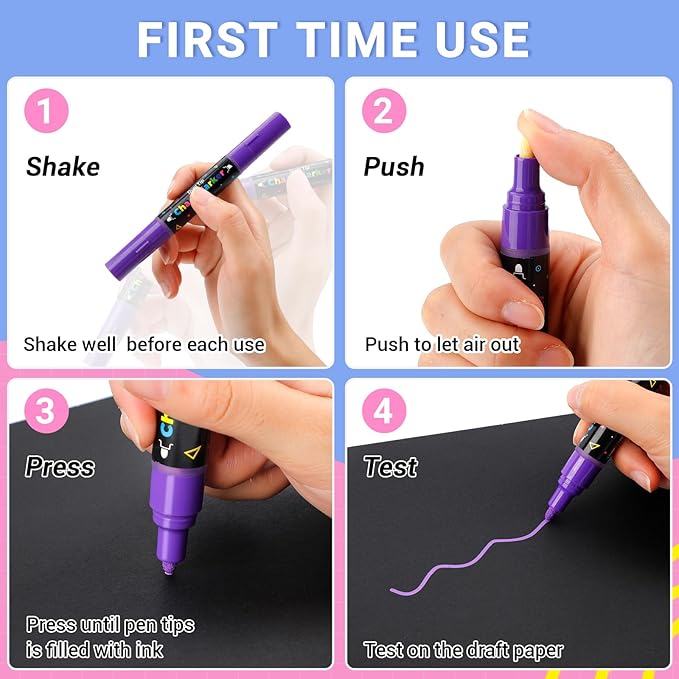 12 Dual Tip Liquid Chalk Markers - Erasable Chalk Markers for Blackboard, Chalkboard Signs, Glass, Chalk Pens Wet Erase Makers for Bar Menu, Shcool,Wedding Sign, Just Married Car Windows Decorations