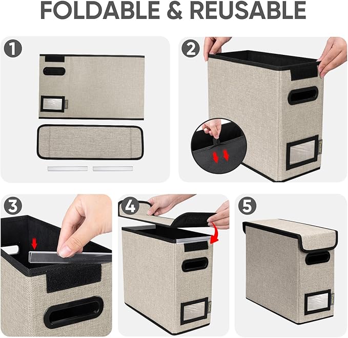 BALEINE File Organizer Box with Lid, Collapsible File Folder Organizer with Plastic Slide, Hanging File Folder Box for Office Document Storage (1 Pack, Beige, S)