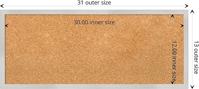 Amanti Art Natural Cork Board for Wall, 13x31 Vision Board with Silver Wood Frame, Medium Corkboard Office Decor for Home Organization, Modern Contemporary Corkboard Pinboard to display items for home