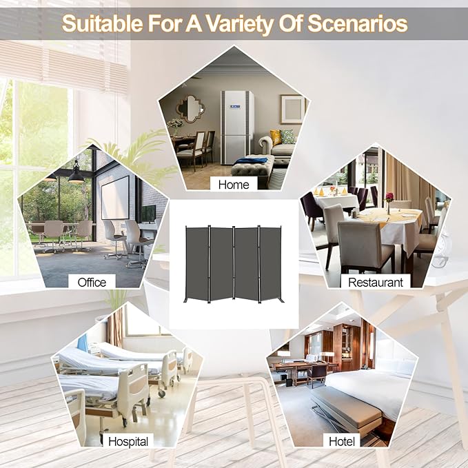 MAYOLIAH 4 Panel Room Divider Screen 6Ft Tall Foldable Privacy Dividers Indoor Wall Partition Room Separator Grey