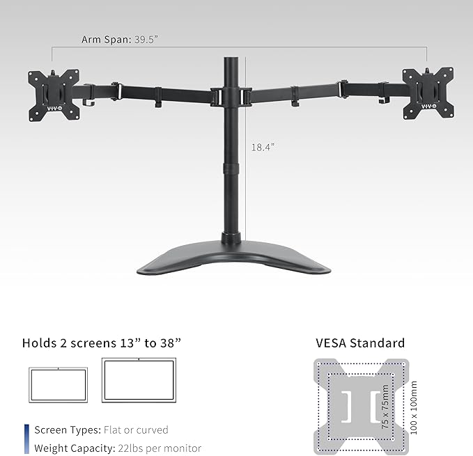 VIVO Dual Ultrawide Monitor Mount, Free-Standing Desk Stand for 2 Screens up to 38 Inches, Heavy-Duty Adjustable Arms, Max VESA 100x100mm, Black, STAND-V038F