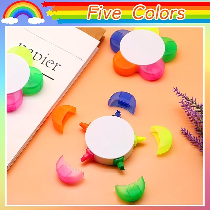 Petal Highlighters 8 PCS Multicolor Highlighter Pens with 5 Vibrant Colors 5 in 1,Flower Shape Fluorescent Pens, Portable & Smooth Writing for School Office Stationery Supplies