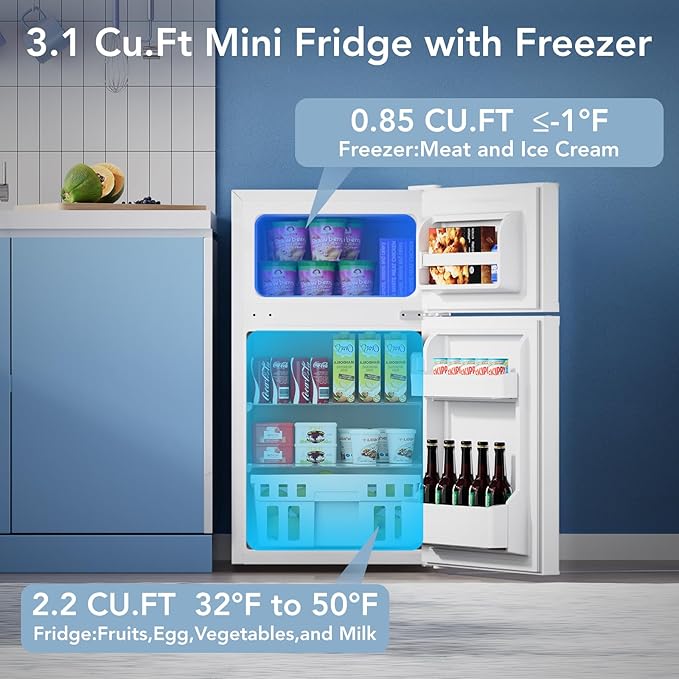 3.1 Cu.Ft Small Fridge with Freezer, Compact Refrigerator with 2 Doors, Mini Fridge with Adjustable Removable Glass Shelves for Bedroom, Dorm, Office or Apartment,White
