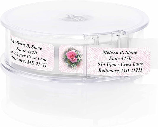 Romantic Rose Designer Rolled Address Labels with Elegant Plastic Dispenser
