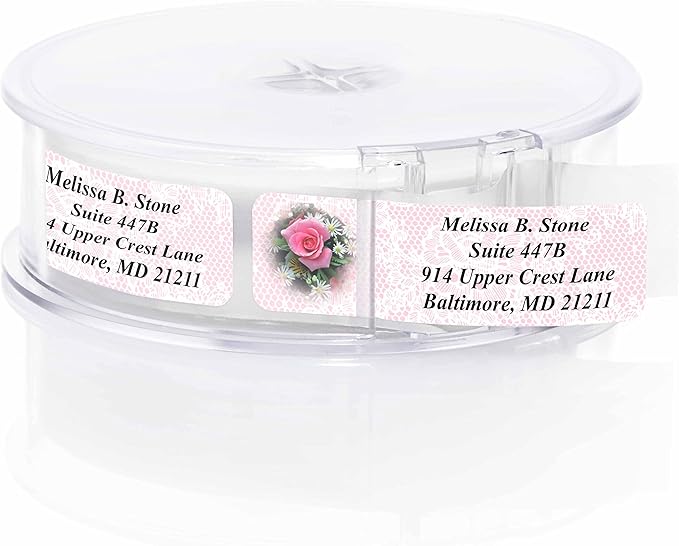 Romantic Rose Designer Rolled Address Labels with Elegant Plastic Dispenser