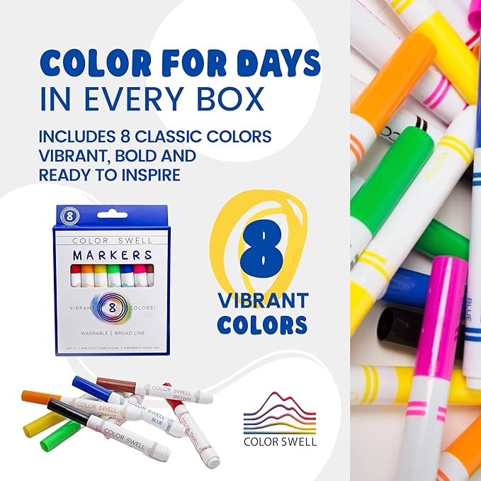 Color Swell Washable Markers 6 Boxes of 8 Vibrant Colors Perfect for Kids, Teachers, Adults, Parties, and Families…