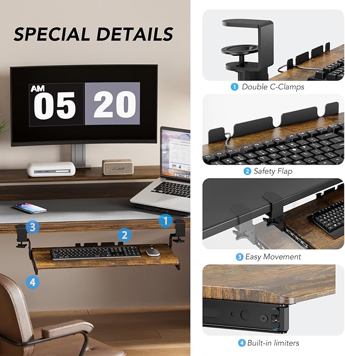 Keyboard Tray Under Desk Pull Out with Extra Sturdy C Clamp Mount System, 27.3 (32.5 inch Including Clamps) x 11 Inch Slide-Out Platform Computer Drawer for Typing Vintage AX01WG02