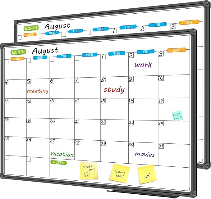 JILoffice Dry Erase Calendar Whiteboard - Magnetic White Board Calendar Monthly 36 X 24 Inch, 2 Pack, Black Aluminium Frame Wall Mounted Board for Office Home and School