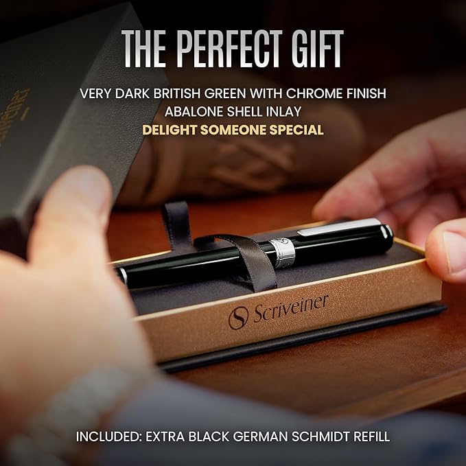 Scriveiner Black Green Rollerball Pen - Stunning Luxury Pen, Chrome Finish, Schmidt Ink Refill, Best Roller Ball Pen Gift Set for Men & Women, Professional, Executive Office