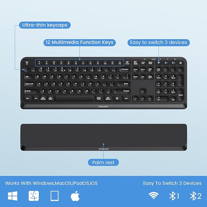 PHILIPS Bluetooth Keyboard and Mouse Combo - Bluetooth 2.4Ghz Wireless Keyboard and Mouse,Ergonomic Design with Palm Rest,3-Device Connectivity, 5 DPI Mouse, Long Battery for Office & Home -Black