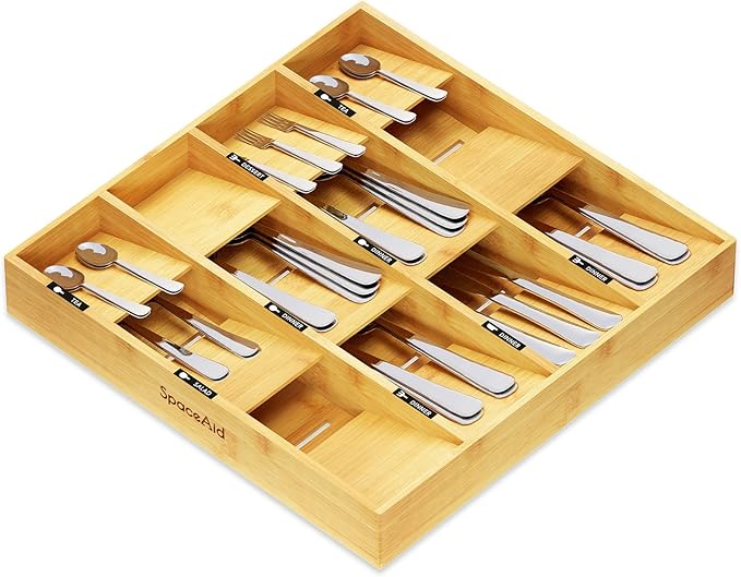 SpaceAid Bamboo Silverware Drawer Organizer with Labels, Kitchen Utensil Tray Holder Organizer for Flatware, Cutlery, Spoon and Knives Drawer Storage Organization (12 Slots)