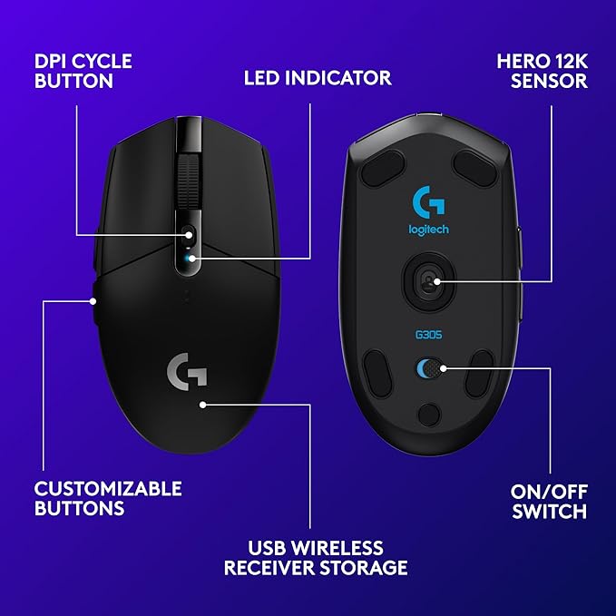 Logitech G305 LIGHTSPEED Wireless Gaming Mouse, Hero 12K Sensor, 12,000 DPI, Lightweight, 6 Programmable Buttons, 250h Battery Life, On-Board Memory, PC/Mac - Black