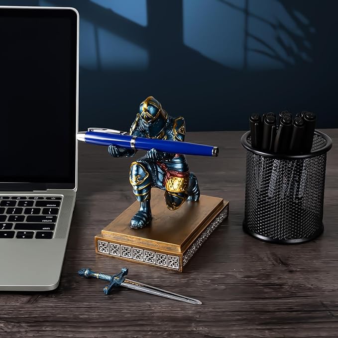 MACLARONX Kneeling Knight Pen Holder with Sword Medieval Warrior Fancy Pencil Stand for Office Desk Home Decor for Men Father Husband Armor Soldier Statue