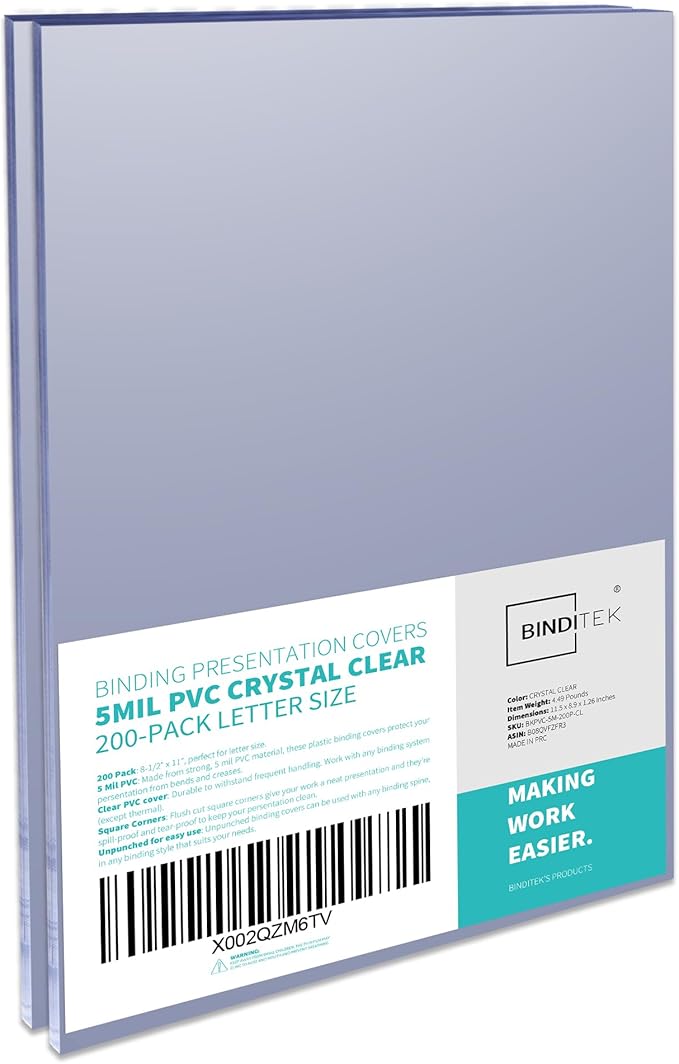 Binditek 200 Pack 5 Mil Clear Binding Covers 8.5 x 11 Inches, Letter Size, Square Corners, Un-Punched, Office Supplies, for Students and Coworkers