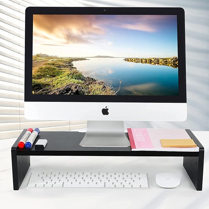 KINLINK Solid Wood Monitor Stand Riser, Monitor Riser with 2 Adjustable Height, 15.8 inch Computer Riser for Computer, iMac, PC, Printer, Computer Monitor Stand for Home & Office, Black