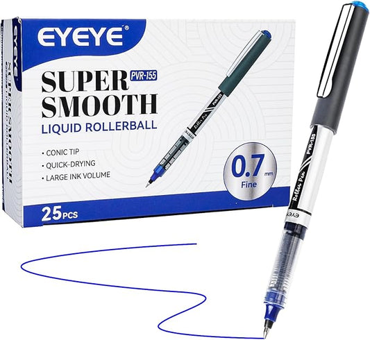 EYEYE Blue Rollerball Pens 0.7mm, 25 Pack Liquid Ink Roller Ball Pen Medium Point Quick Dry, Blue Ink Pens Fine Point Smooth Writing Pen for Journaling, Note Taking, Office, School Supplies