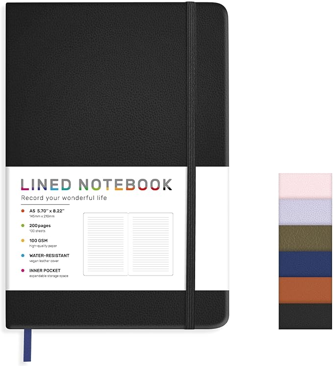 Lined Journal Notebook for Women Men, 200 Pages A5 Hardcover Leather Journals for Writing,Travel,School,Office,Work,Business,College Ruled Notebooks for Note Taking, Diary Notepad 5.7"×8.3"(Black)