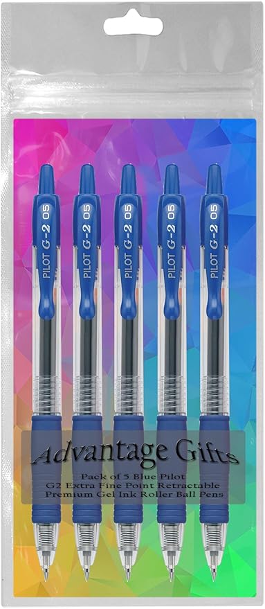 G2 Retractable Premium Gel Ink Roller Ball Pens Extra Fine Point (.5mm) Blue Ink 5 pack; Refillable & Premium Comfort Grip Bundle with Plastic Reusable Pouch