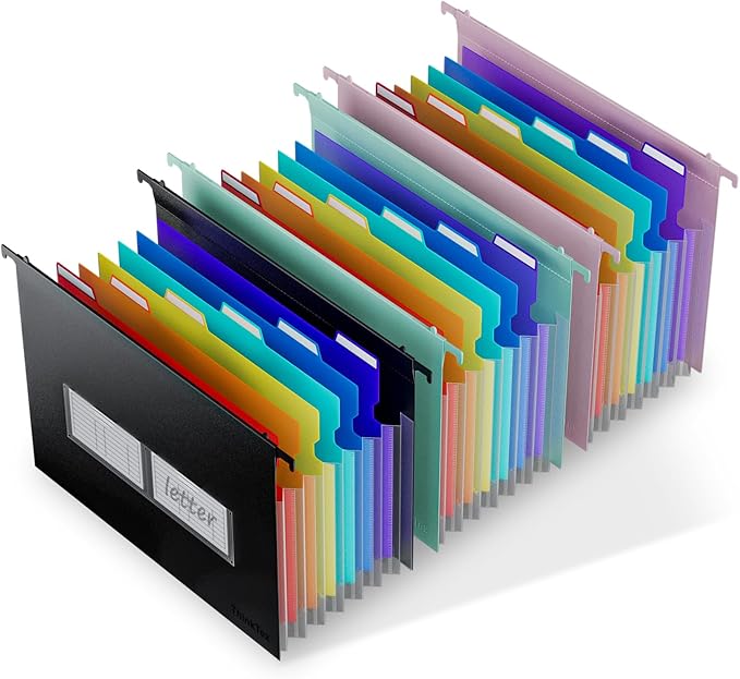 ThinkTex Plastic Expanding Hanging File Folders, 7 Innovative 1.2" Accordion Pockets, Large Capacity, Multi-Color Tabs, Letter Size for Filing Cabinet - 3 Packs 3 Colors