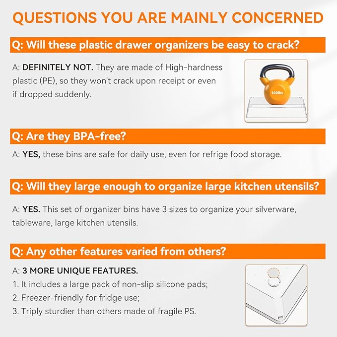 Criusia 8 Pack Drawer Organizer for Kitchen Gadgets, Large Clear Plastic Drawer Divider for Kitchen Accessories, Bathroom Organizers and Storage, Home Essentials for Makeup and Vanity Accessories