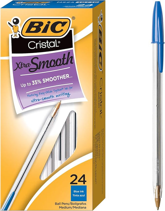 BIC Cristal Xtra Smooth Blue Ballpoint Pens, Medium Point (1.0mm), 24-Count Pack, Extra Smooth and Reliable Ballpoint Pens