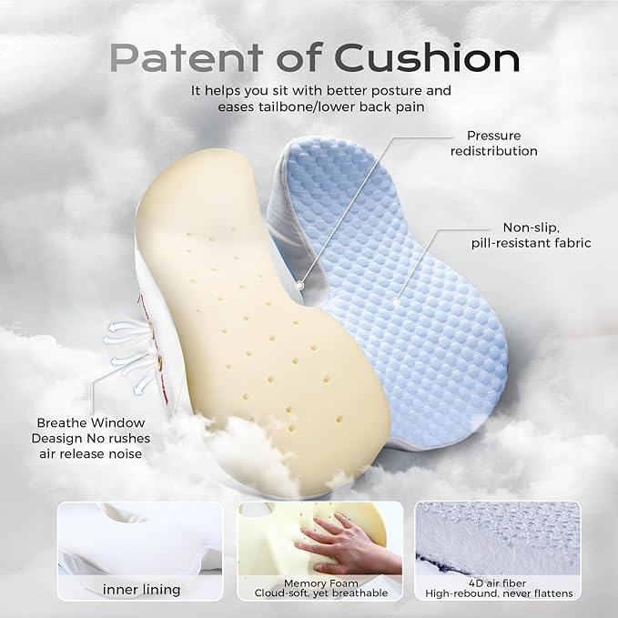 Seat Cushion for Tailbone Pain Relief X-Large ,Ergonomic Office Chair Cushions for Butt Hip Lower Back & Sciatica Pain Relief Pillow,Pressure Relief Seat Cushion for Long Sitting, Car & Plane（Blue)