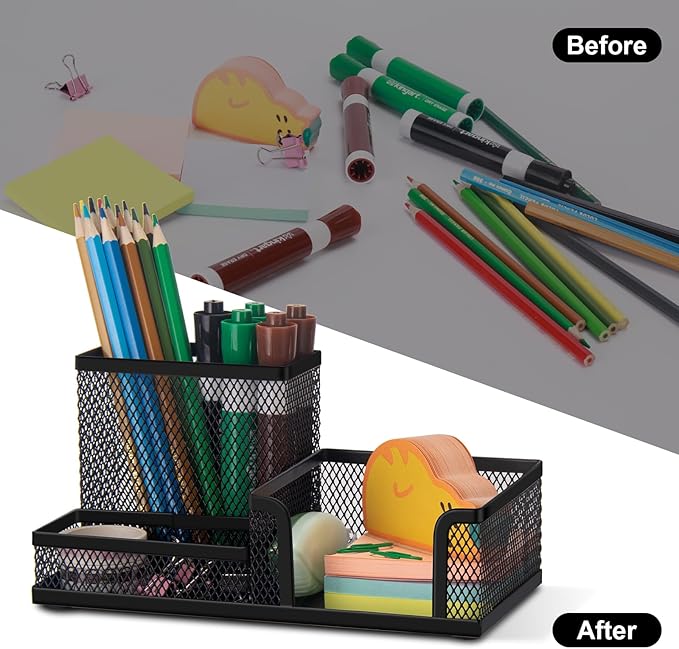 Comix Mesh Pen Pencil Holder Desk Organizer, 3 Compartment Wire Desktop Pen Pencil Cup Caddy Office Supplies Desk Accessories for Home Office School, Black