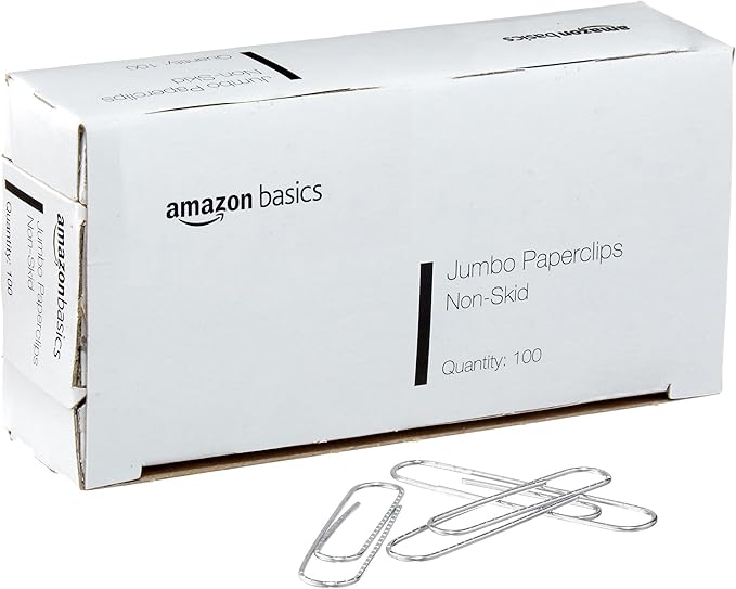 Amazon Basics Jumbo Size Office Paper Clips, Non Skid, 1000 Count (10 Pack of 100), Silver, A7072557