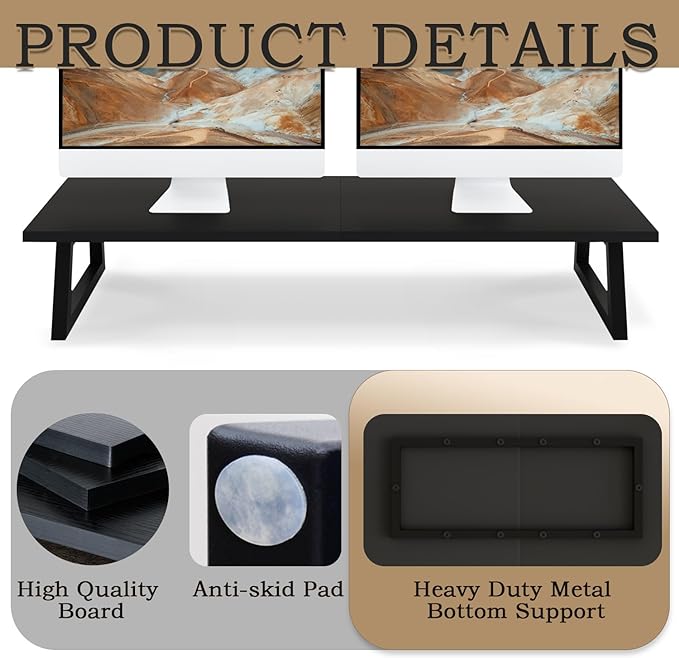 TEAMIX 31.5 inch Dual Monitor Riser, Long Black Monitor Stand Riser Wide TV Stand Riser Monitor Stand for 2 Monitors Wood & Steel Desktop Riser Desk Organization Home Office
