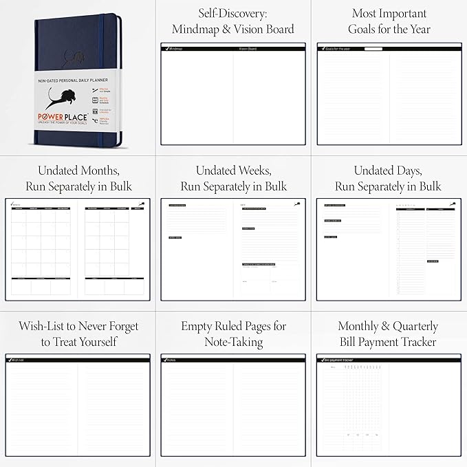 Undated Day Planner & Calendar – 6-Month Life Organizer for Productivity, Time-Management & Focus | 24-Hour Hourly Agenda for Men & Women, Vegan Leather Hardcover (Blue)
